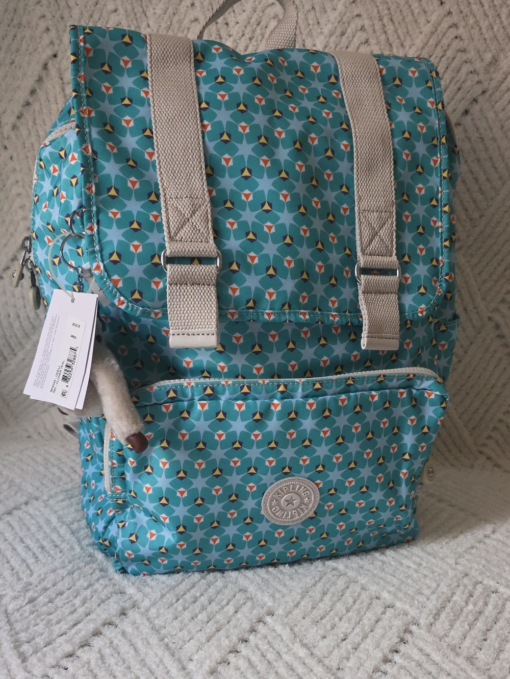 Kipling Turquoise Geo Print Backpack with Beige Straps
